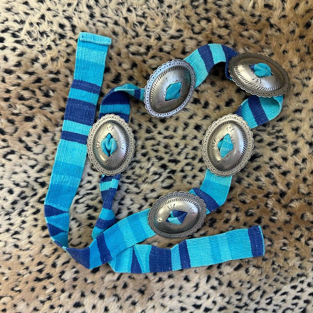 Concho Belt with Blue Turquoise Stripe Fabric Band Statement Belt